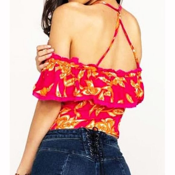 Free People Cha Cha Off-The-Shoulder Top Raspberry Sorbet Fuchsia Hot Pink XS - Picture 3 of 14